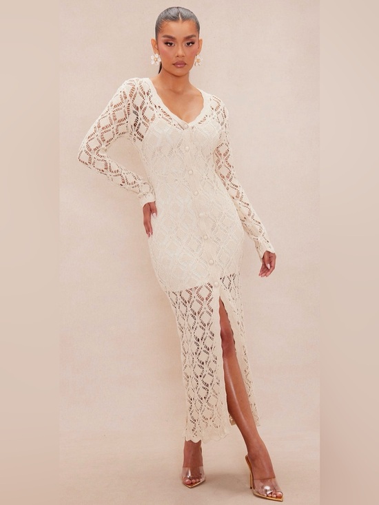 Fashion Nova Dresses & Skirts - Fashion Nova Luxe Caterina Cream Crochet  Maxi Dress with Front Slit-Large NWT🔥